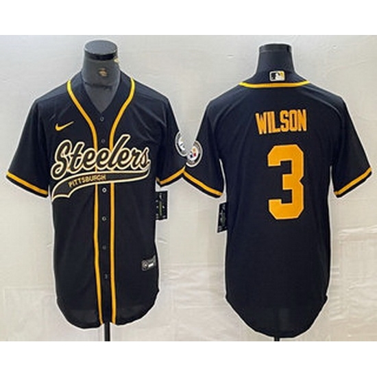Men Pittsburgh Steelers 3 Russell Wilson Black With Patch Cool Base Stitched Baseball Jersey Men Pittsburgh Steelers 3 Russell Wilson Black With Patch Cool Base Stitched Baseball Jersey