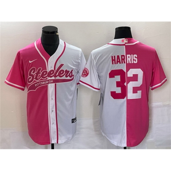 Men Pittsburgh Steelers 32 Franco Harris White Pink Split Cool Base Stitched Baseball Jersey Men Pittsburgh Steelers 32 Franco Harris White Pink Split Cool Base Stitched Baseball Jersey