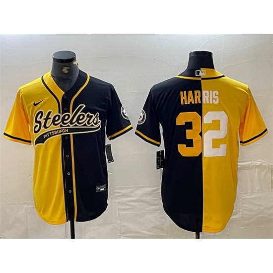 Men Pittsburgh Steelers 32 Franco Harris Yellow Black Split With Patch Cool Base Stitched Baseball Jersey Men Pittsburgh Steelers 32 Franco Harris Yellow Black Split With Patch Cool Base Stitched Baseball Jersey