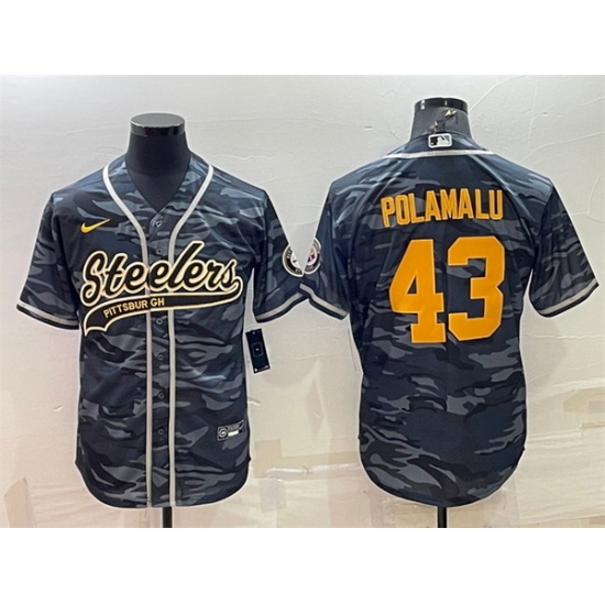 Men Pittsburgh Steelers 43 Troy Polamalu Grey Navy Camo With Patch Cool Base Stitched Baseball Jersey Men Pittsburgh Steelers 43 Troy Polamalu Grey Navy Camo With Patch Cool Base Stitched Baseball Jersey