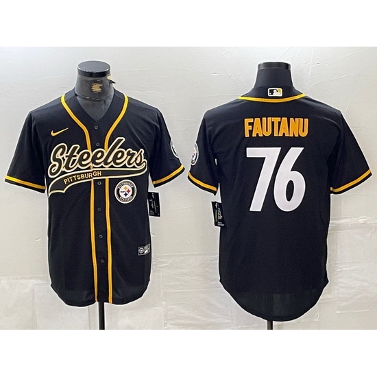 Men Pittsburgh Steelers 76 Troy Fautanu Black With Patch Cool Base Stitched Baseball Jersey 2 Men Pittsburgh Steelers 76 Troy Fautanu Black With Patch Cool Base Stitched Baseball Jersey 2