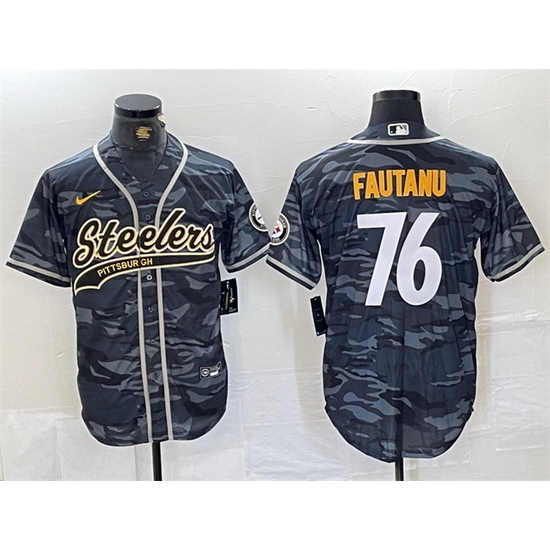 Men Pittsburgh Steelers 76 Troy Fautanu Grey Camo With Patch Cool Base Stitched Baseball Jersey Men Pittsburgh Steelers 76 Troy Fautanu Grey Camo With Patch Cool Base Stitched Baseball Jersey
