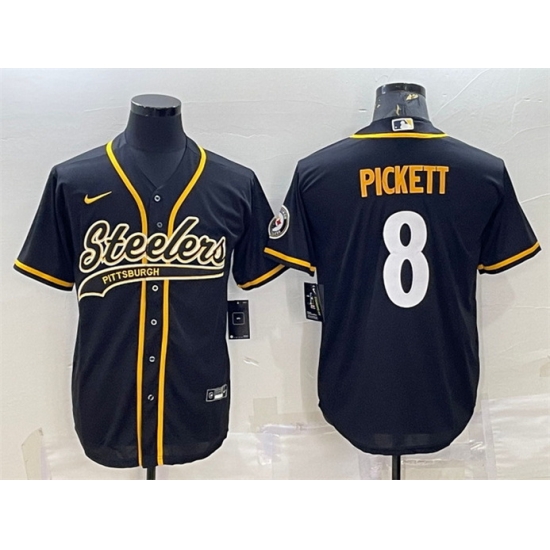 Men Pittsburgh Steelers 8 Kenny Pickett Black With Patch Cool Base Stitched Baseball Jersey Men Pittsburgh Steelers 8 Kenny Pickett Black With Patch Cool Base Stitched Baseball Jersey