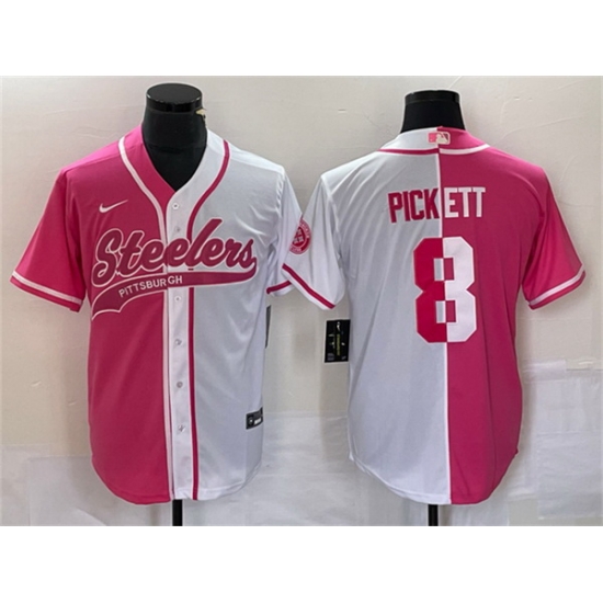 Men Pittsburgh Steelers 8 Kenny Pickett White Pink Split Cool Base Stitched Baseball Jersey Men Pittsburgh Steelers 8 Kenny Pickett White Pink Split Cool Base Stitched Baseball Jersey