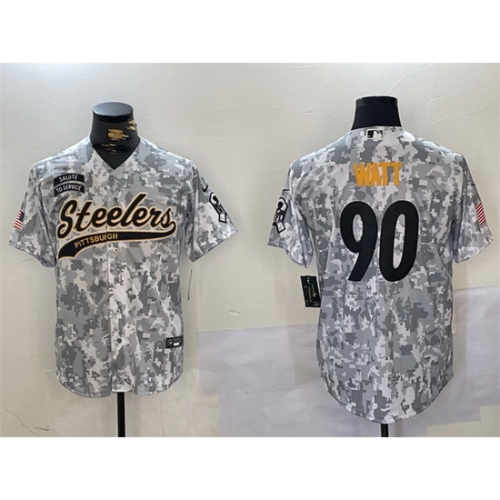 Men Pittsburgh Steelers 90 T J Watt 2024 Arctic Camo Salute To Service Stitched Baseball Jersey Men Pittsburgh Steelers 90 T J Watt 2024 Arctic Camo Salute To Service Stitched Baseball Jersey