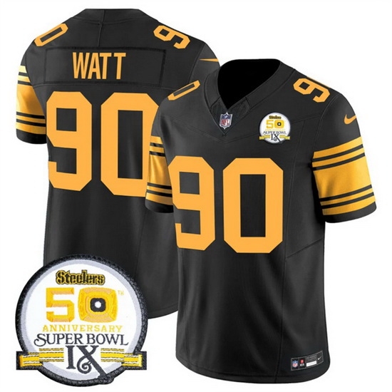 Men Pittsburgh Steelers 90 T J Watt Black 2024 F U S E 50th Anniversary Of Super Bowl IX Color Rush Limited Stitched Jersey Men Pittsburgh Steelers 90 T J Watt Black 2024 F U S E 50th Anniversary Of Super Bowl IX Color Rush Limited Stitched Jersey