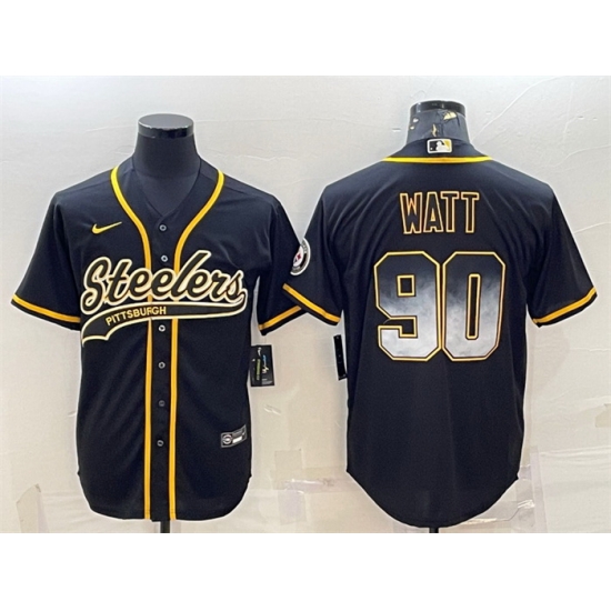 Men Pittsburgh Steelers 90 T J Watt Black Gold With Patch Cool Base Stitched Baseball Jersey Men Pittsburgh Steelers 90 T J Watt Black Gold With Patch Cool Base Stitched Baseball Jersey