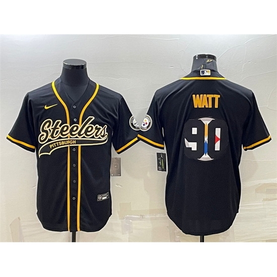 Men Pittsburgh Steelers 90 T J Watt Black Team Big Logo With Patch Cool Base Stitched Baseball Jersey Men Pittsburgh Steelers 90 T J Watt Black Team Big Logo With Patch Cool Base Stitched Baseball Jersey