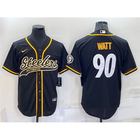 Men Pittsburgh Steelers 90 T J  Watt Black With Patch Cool Base Stitched Baseball Jersey