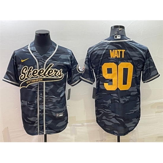 Men Pittsburgh Steelers 90 T J Watt Grey Navy Camo With Patch Cool Base Stitched Baseball Jersey Men Pittsburgh Steelers 90 T J Watt Grey Navy Camo With Patch Cool Base Stitched Baseball Jersey
