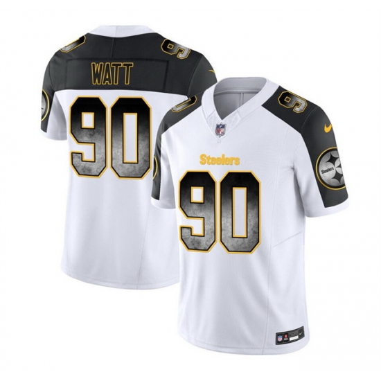 Men Pittsburgh Steelers 90 T J Watt White Black 2023 F U S E Smoke Vapor Untouchable Limited Stitched Jersey Men Pittsburgh Steelers 90 T J Watt White Black 2023 F U S E Smoke Vapor Untouchable Limited Stitched Jersey