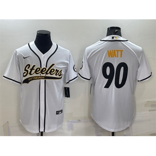 Men Pittsburgh Steelers 90 T J Watt White With Patch Cool Base Stitched Baseball Jersey Men Pittsburgh Steelers 90 T J Watt White With Patch Cool Base Stitched Baseball Jersey