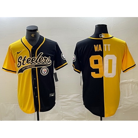 Men Pittsburgh Steelers 90 T J Watt Yellow Black Split With Patch Cool Base Stitched Baseball Jerseys Men Pittsburgh Steelers 90 T J Watt Yellow Black Split With Patch Cool Base Stitched Baseball Jerseys