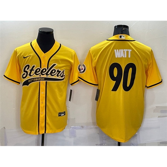 Men Pittsburgh Steelers 90 T J Watt Yellow With Patch Cool Base Stitched Baseball Jersey Men Pittsburgh Steelers 90 T J Watt Yellow With Patch Cool Base Stitched Baseball Jersey
