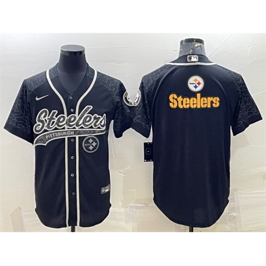 Men Pittsburgh Steelers Black Reflective Team Big Logo With Patch Cool Base Stitched Baseball Jersey Men Pittsburgh Steelers Black Reflective Team Big Logo With Patch Cool Base Stitched Baseball Jersey