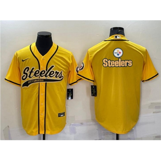 Men Pittsburgh Steelers Yellow Team Big Logo With Patch Cool Base Stitched Baseball Jersey Men Pittsburgh Steelers Yellow Team Big Logo With Patch Cool Base Stitched Baseball Jersey