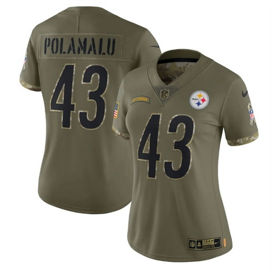 Women Pittsburgh Steelers 43 Troy Polamalu Olive 2022 Salute To Service Limited Stitched Jersey Women Pittsburgh Steelers 43 Troy Polamalu Olive 2022 Salute To Service Limited Stitched Jersey