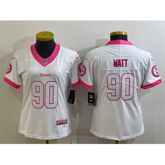 Women Pittsburgh Steelers 90 T J Watt White Pink Vapor Untouchaable Limited Stitched Jersey Women Pittsburgh Steelers 90 T J Watt White Pink Vapor Untouchaable Limited Stitched Jersey