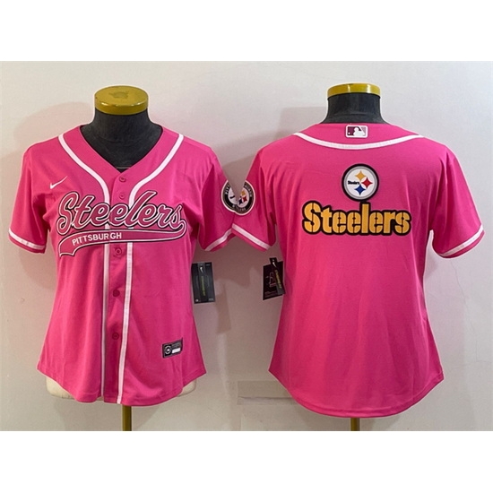 Women Pittsburgh Steelers Pink Team Big Logo With Patch Cool Base Stitched Baseball Jersey Women Pittsburgh Steelers Pink Team Big Logo With Patch Cool Base Stitched Baseball Jersey