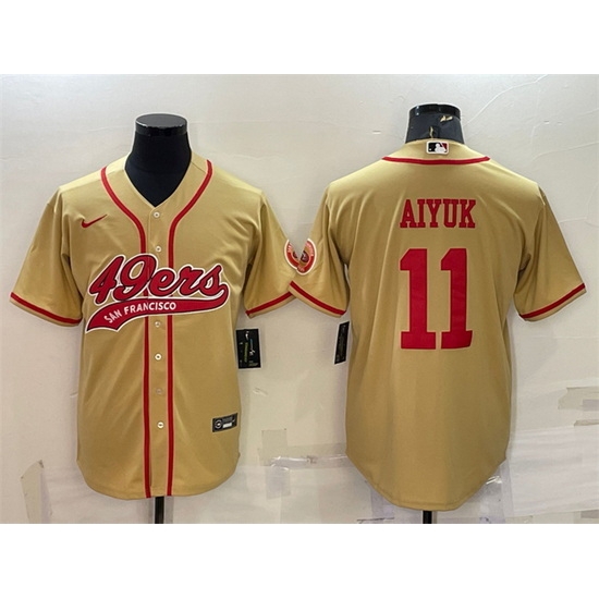 Men San Francisco 49ers 11 Brandon Aiyuk Gold With Patch Cool Base Stitched Baseball Jersey Men San Francisco 49ers 11 Brandon Aiyuk Gold With Patch Cool Base Stitched Baseball Jersey