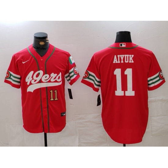 Men San Francisco 49ers 11 Brandon Aiyuk Red With Patch Cool Base Stitched Baseball Jersey 3 Men San Francisco 49ers 11 Brandon Aiyuk Red With Patch Cool Base Stitched Baseball Jersey 3