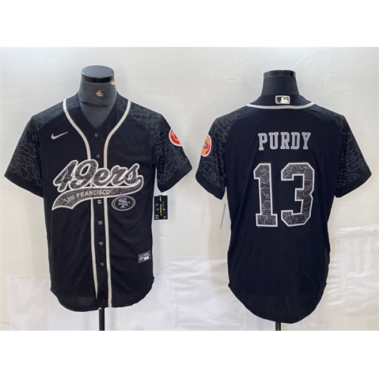 Men San Francisco 49ers 13 Brock Purdy Black Reflective With Patch Cool Base Stitched Baseball Jersey Men San Francisco 49ers 13 Brock Purdy Black Reflective With Patch Cool Base Stitched Baseball Jersey