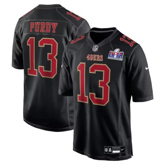 Men San Francisco 49ers 13 Brock Purdy Black Super Bowl LVIII Patch Carbon Fashion Stitched Game Jersey Men San Francisco 49ers 13 Brock Purdy Black Super Bowl LVIII Patch Carbon Fashion Stitched Game Jersey