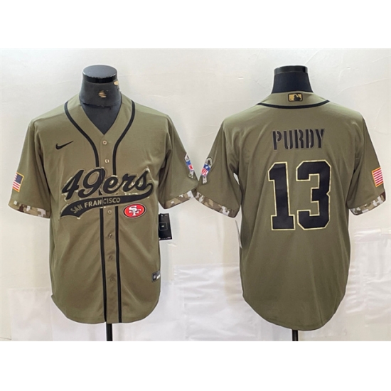 Men San Francisco 49ers 13 Brock Purdy Olive Salute To Service With Patch Cool Base Stitched Baseball Jersey Men San Francisco 49ers 13 Brock Purdy Olive Salute To Service With Patch Cool Base Stitched Baseball Jersey