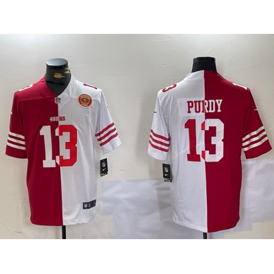 Men San Francisco 49ers 13 Brock Purdy Red 26 White Split Limited Stitched Jersey 3 Men San Francisco 49ers 13 Brock Purdy Red 26 White Split Limited Stitched Jersey 3