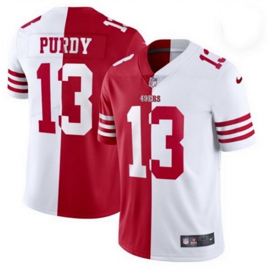 Men San Francisco 49ers 13 Brock Purdy Red 26 White Split Limited Stitched Jersey Men San Francisco 49ers 13 Brock Purdy Red 26 White Split Limited Stitched Jersey