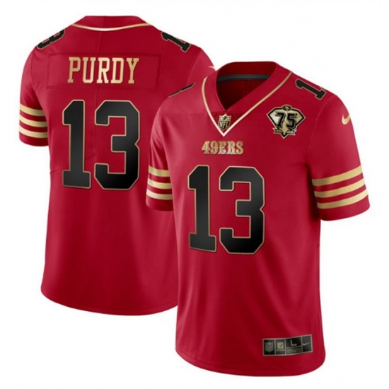 Men San Francisco 49ers 13 Brock Purdy Red Gold With 75th Patch Cool Base Stitched Jersey Men San Francisco 49ers 13 Brock Purdy Red Gold With 75th Patch Cool Base Stitched Jersey