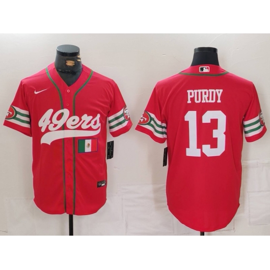 Men San Francisco 49ers 13 Brock Purdy Red With Patch Cool Base Stitched Baseball Jersey 2 Men San Francisco 49ers 13 Brock Purdy Red With Patch Cool Base Stitched Baseball Jersey 2