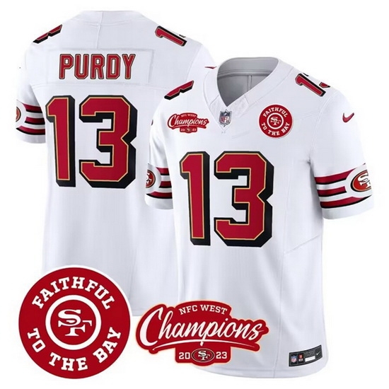 Men San Francisco 49ers 13 Brock Purdy White 2023 F U S E Faithful To The Bay And NFC West Champions Patch Stitched Football Jersey Men San Francisco 49ers 13 Brock Purdy White 2023 F U S E Faithful To The Bay And NFC West Champions Patch Stitched Football Jersey