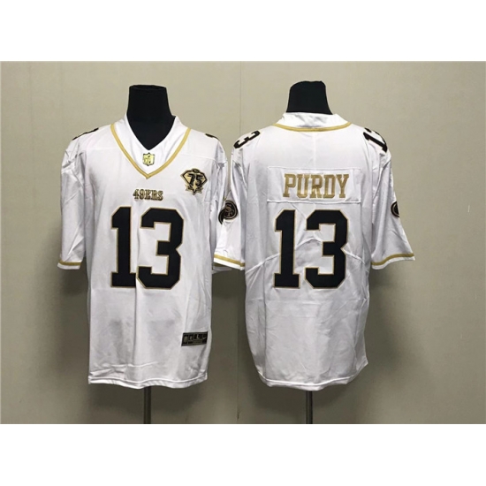Men San Francisco 49ers 13 Brock Purdy White Gold With 75th Anniversary Patch Stitched Jersey Men San Francisco 49ers 13 Brock Purdy White Gold With 75th Anniversary Patch Stitched Jersey