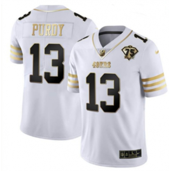 Men San Francisco 49ers 13 Brock Purdy White Gold With 75th Patch Stitched Jersey Men San Francisco 49ers 13 Brock Purdy White Gold With 75th Patch Stitched Jersey