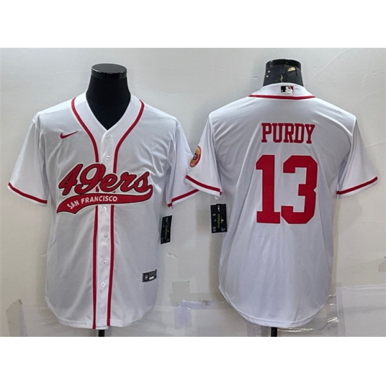 Men San Francisco 49ers 13 Brock Purdy White With Patch Cool Base Stitched Baseball Jersey Men San Francisco 49ers 13 Brock Purdy White With Patch Cool Base Stitched Baseball Jersey