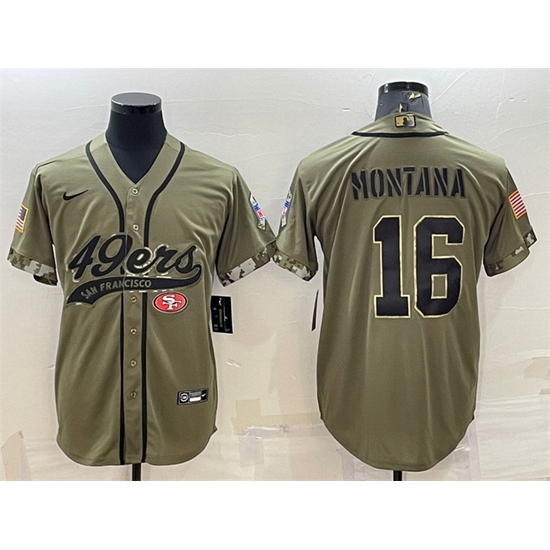 Men San Francisco 49ers 16 Joe Montana 2022 Olive Salute To Service Cool Base Stitched Baseball Jersey Men San Francisco 49ers 16 Joe Montana 2022 Olive Salute To Service Cool Base Stitched Baseball Jersey