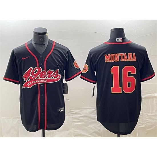 Men San Francisco 49ers 16 Joe Montana Black With Patch Cool Base Stitched Baseball Jersey Men San Francisco 49ers 16 Joe Montana Black With Patch Cool Base Stitched Baseball Jersey