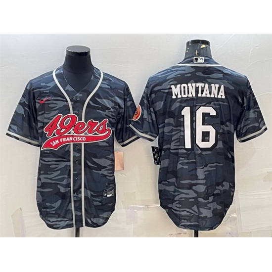 Men San Francisco 49ers 16 Joe Montana Grey Camo With Patch Cool Base Stitched Baseball Jersey Men San Francisco 49ers 16 Joe Montana Grey Camo With Patch Cool Base Stitched Baseball Jersey