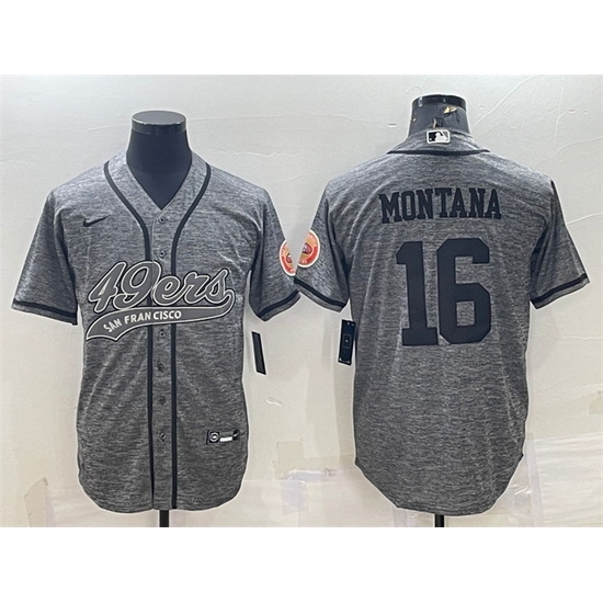 Men San Francisco 49ers 16 Joe Montana Grey With Patch Cool Base Stitched Baseball Jersey Men San Francisco 49ers 16 Joe Montana Grey With Patch Cool Base Stitched Baseball Jersey