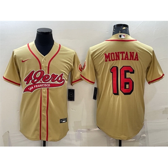 Men San Francisco 49ers 16 Joe Montana New Gold With Patch Cool Base Stitched Baseball Jersey Men San Francisco 49ers 16 Joe Montana New Gold With Patch Cool Base Stitched Baseball Jersey