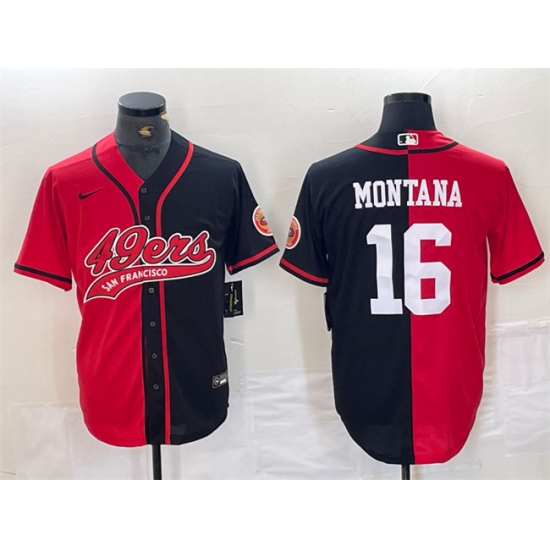 Men San Francisco 49ers 16 Joe Montana Red Black Split With Patch Cool Base Stitched Baseball Jersey Men San Francisco 49ers 16 Joe Montana Red Black Split With Patch Cool Base Stitched Baseball Jersey