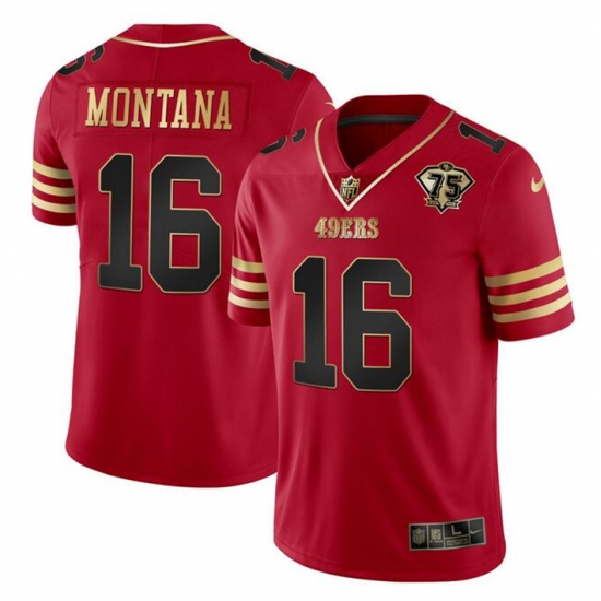 Men San Francisco 49ers 16 Joe Montana Red Gold With 75th Anniversary Patch Stitched Jersey Men San Francisco 49ers 16 Joe Montana Red Gold With 75th Anniversary Patch Stitched Jersey