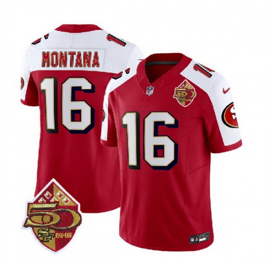 Men San Francisco 49ers 16 Joe Montana Red White 2023 F U S E 50th Patch Throwback Stitched Football Jersey Men San Francisco 49ers 16 Joe Montana Red White 2023 F U S E 50th Patch Throwback Stitched Football Jersey