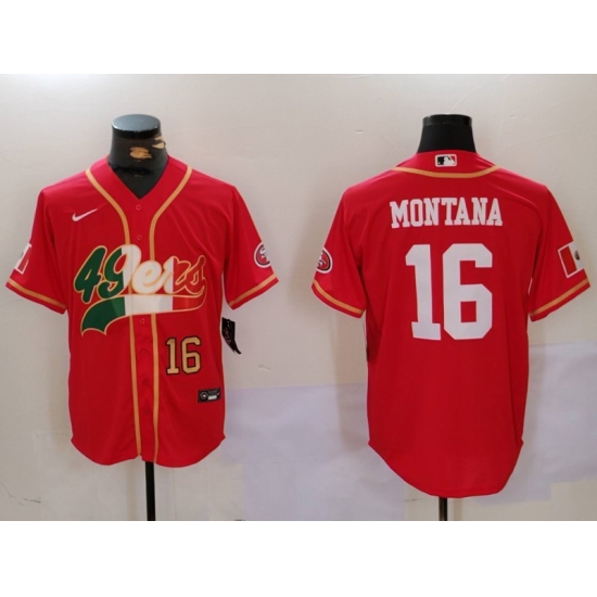 Men San Francisco 49ers 16 Joe Montana Red With Patch Cool Base Stitched Baseball Jersey 2 Men San Francisco 49ers 16 Joe Montana Red With Patch Cool Base Stitched Baseball Jersey 2