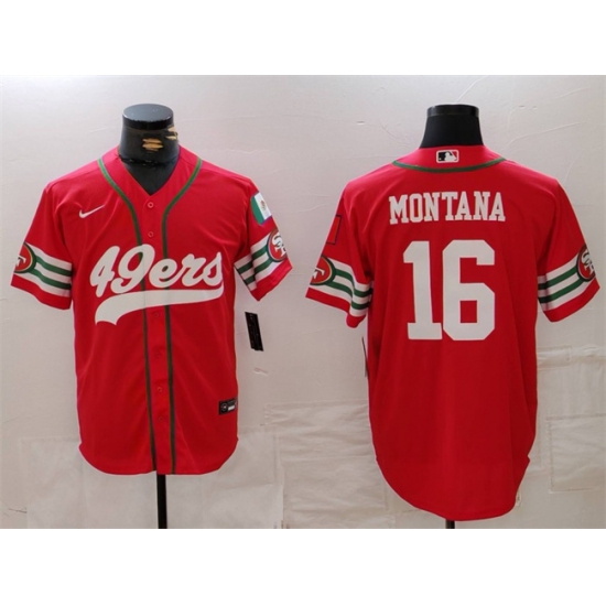 Men San Francisco 49ers 16 Joe Montana Red With Patch Cool Base Stitched Baseball Jersey Men San Francisco 49ers 16 Joe Montana Red With Patch Cool Base Stitched Baseball Jersey
