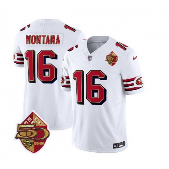 Men San Francisco 49ers 16 Joe Montana White 2023 F U S E 50th Patch Throwback Stitched Football Jersey Men San Francisco 49ers 16 Joe Montana White 2023 F U S E 50th Patch Throwback Stitched Football Jersey