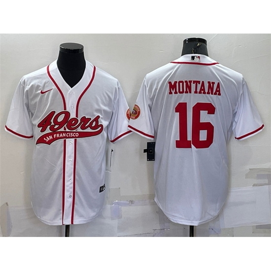 Men San Francisco 49ers 16 Joe Montana White With Patch Cool Base Stitched Baseball Jersey Men San Francisco 49ers 16 Joe Montana White With Patch Cool Base Stitched Baseball Jersey