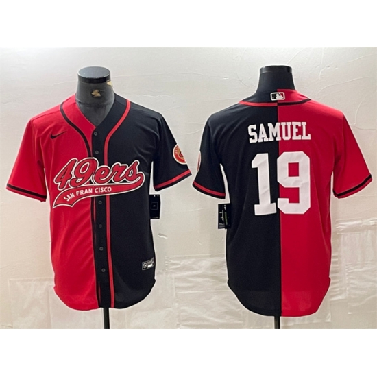 Men San Francisco 49ers 19 Deebo Samuel Red Black Split With Patch Cool Base Stitched Baseball Jersey Men San Francisco 49ers 19 Deebo Samuel Red Black Split With Patch Cool Base Stitched Baseball Jersey