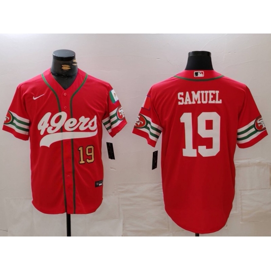 Men San Francisco 49ers 19 Deebo Samuel Red With Patch Cool Base Stitched Baseball Jersey 2 Men San Francisco 49ers 19 Deebo Samuel Red With Patch Cool Base Stitched Baseball Jersey 2